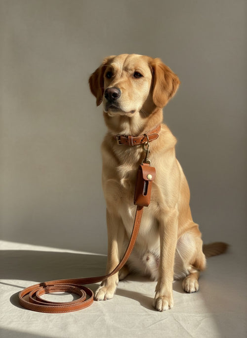 Leather Dog Walking Set – Collar, Leash & Bag Holder | Premium Full‑Grain Leather